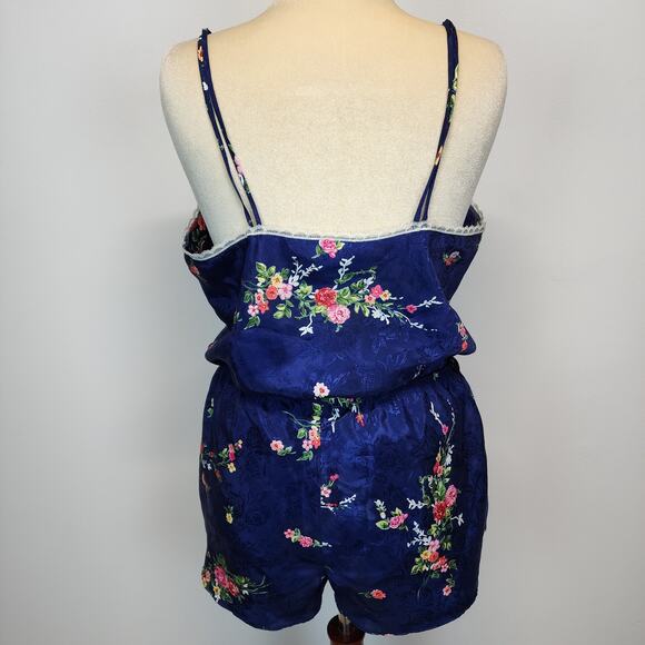 Vintage Inner Most Floral Satin Pajama Set Size XL Blue Lace Trim Chemise Shorts - Picture 2 of 16